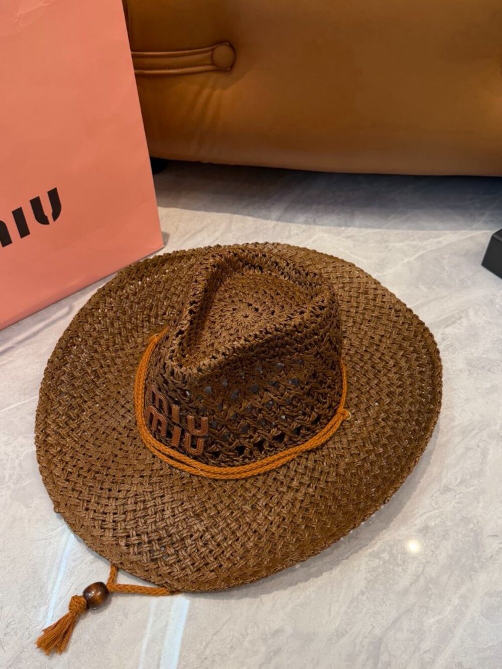 🤎Miu Miu Brown Woven Straw Cowboy Hat Tassel Chin Strap Logo Western Summer Sun - Picture 2 of 8